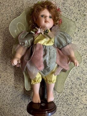 12”Vintage Geppeddo Porcelain Fairy Doll in Pastel Pink, Green & Yellow